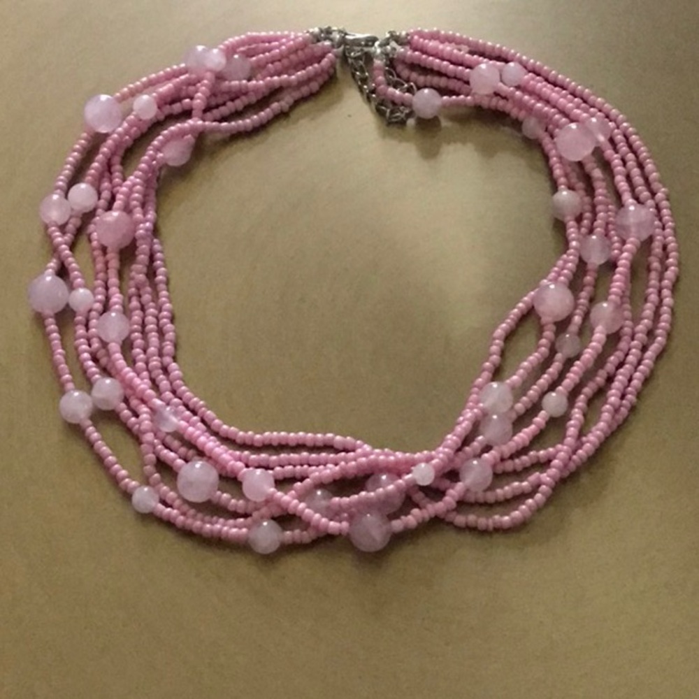 Galilea Rose Quartz and Simulated Pink Pearl Twisted Multi Row Beaded Necklace